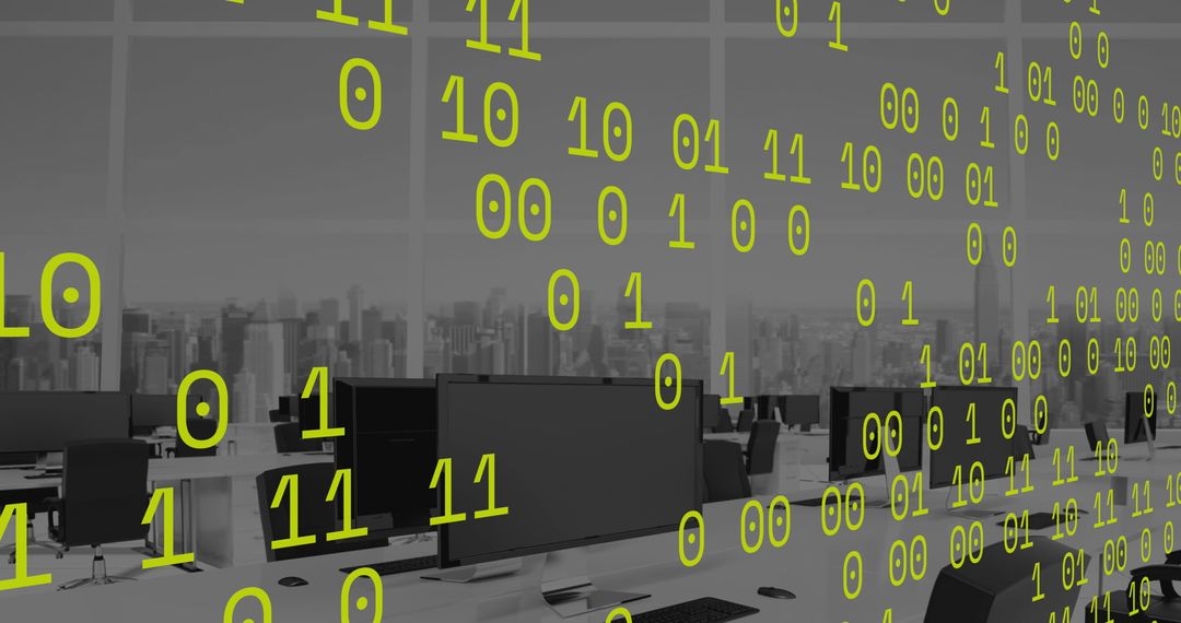 Digital binary code overlay in modern workspace setting