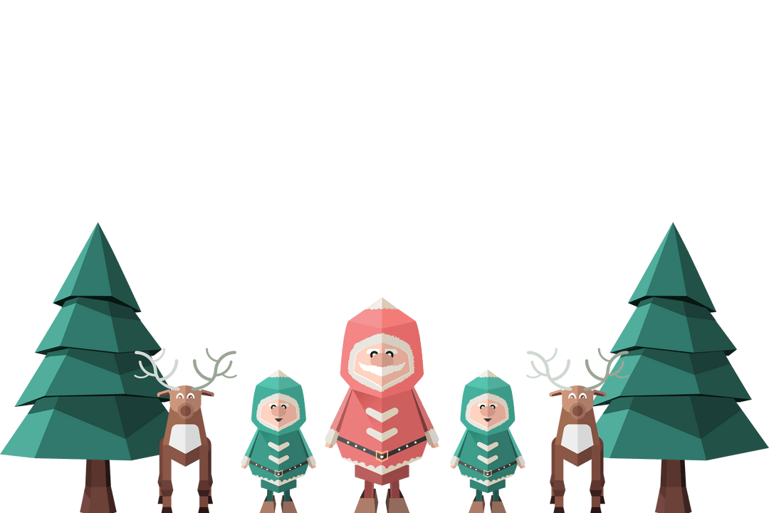 Transparent Christmas Forest Scene Illustration with Santa and Elves
