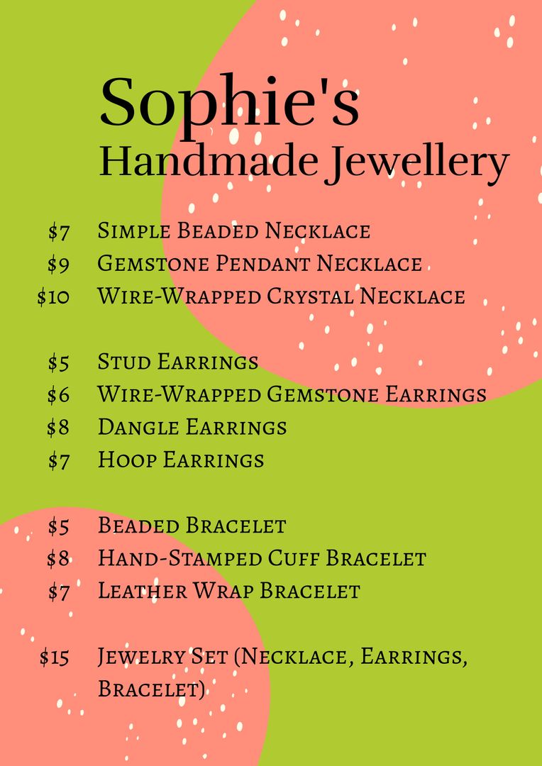Handmade Jewelry Price List on Colorful Dotted Background - Download Free Stock Templates Pikwizard.com