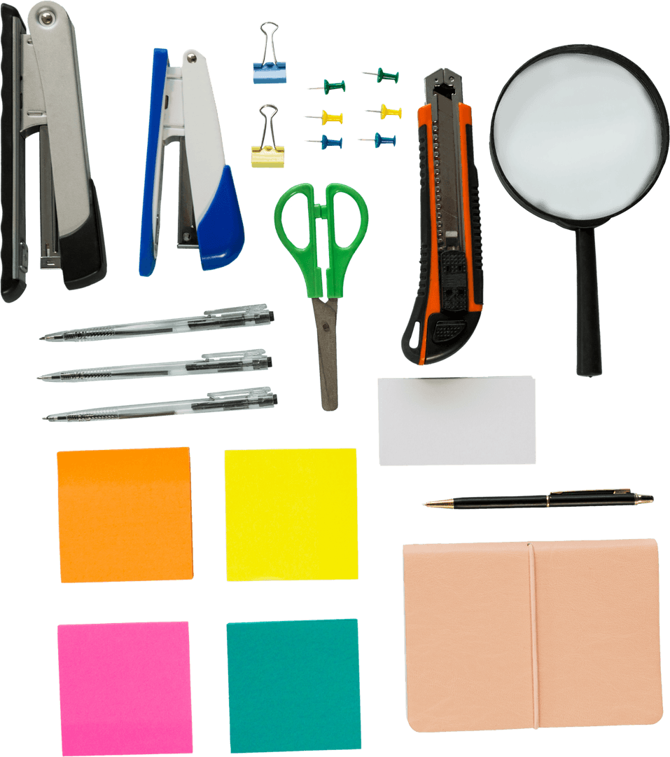 Transparent Set of Colorful Office Stationery Essentials Arranged Differently