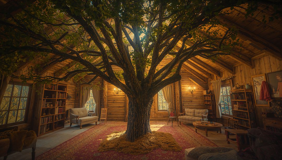 Tree Growing Through Rustic Cabin Ceiling Creating Cozy Retreat