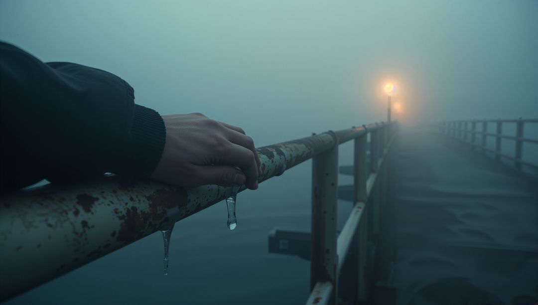 Lonely Hand Gripping Foggy Pier Railing with Glow of Lamp