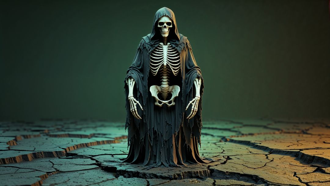 Skeletal grim reaper figure in tattered cloak on cracked earth