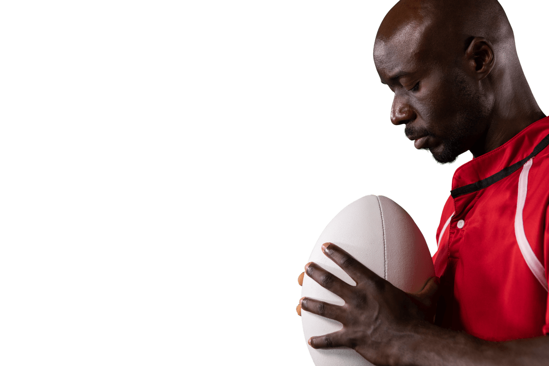 Focused Rugby Player Holding Ball on Transparent Background