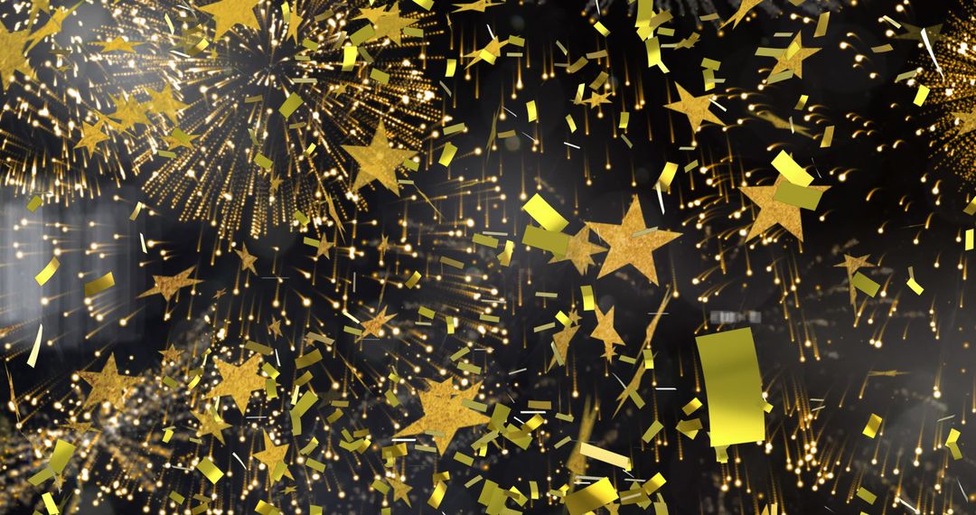Gold Confetti and Stars Amidst Festive Fireworks Display