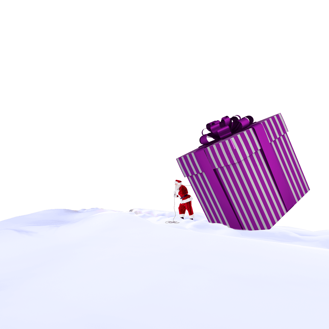 Santa Claus Dragging Giant Purple Gift on Transparent Backdrop