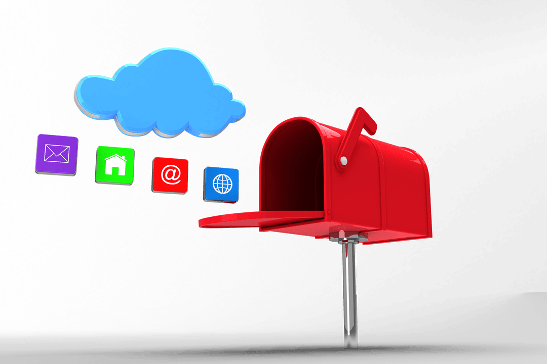 Red Mailbox with Communication Icons on Transparent Background