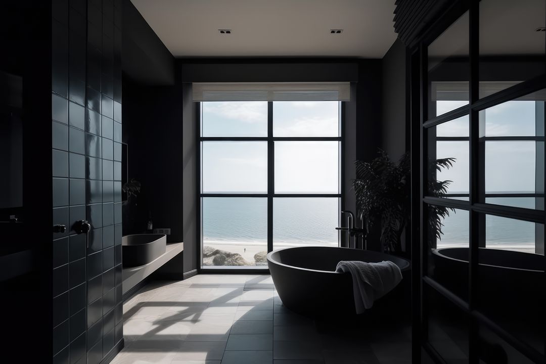 Dark modern bathroom with french windows and view to sea, created using generative ai technology - Free Images, Stock Photos and Pictures on Pikwizard.com