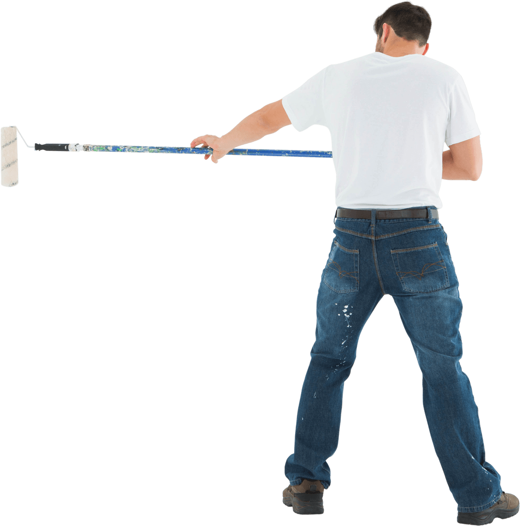 Man Painting Wall with Roller Rear View Transparent Background