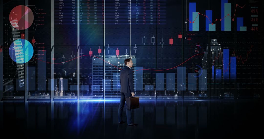 Businessman Analyzing Data Visualizations in Modern Office at Night - Free Images, Stock Photos and Pictures on Pikwizard.com