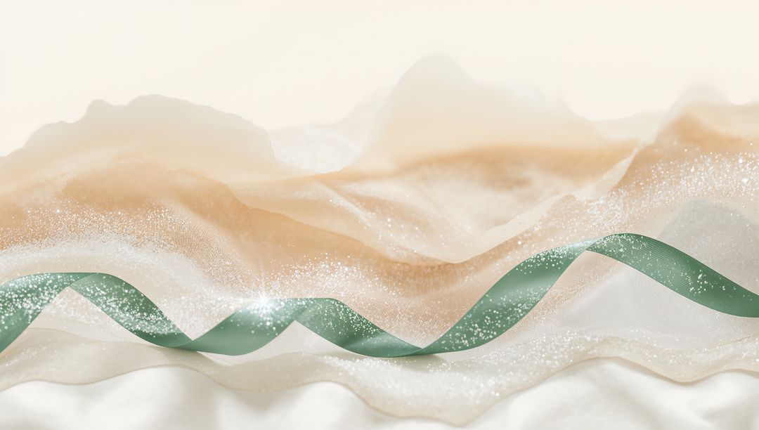 Weaving Green Satin Ribbon Twisting Through Sparkling Ethereal Beige Wave Dreamlike Layers