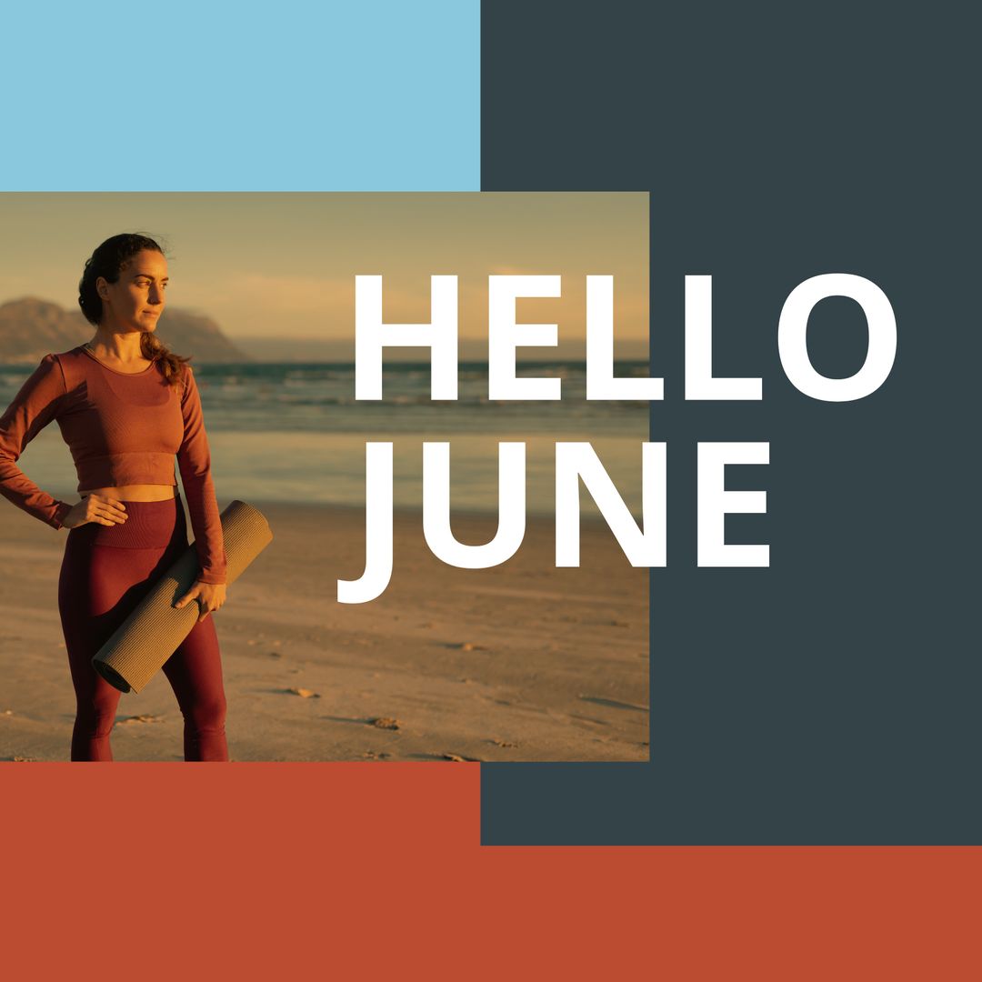 Woman Holding Yoga Mat at Seaside Celebrating June Arrival