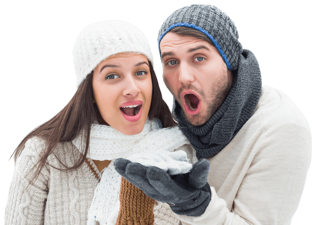 Happy Couple Blowing Snow with Surprise Expressions, Transparent Background