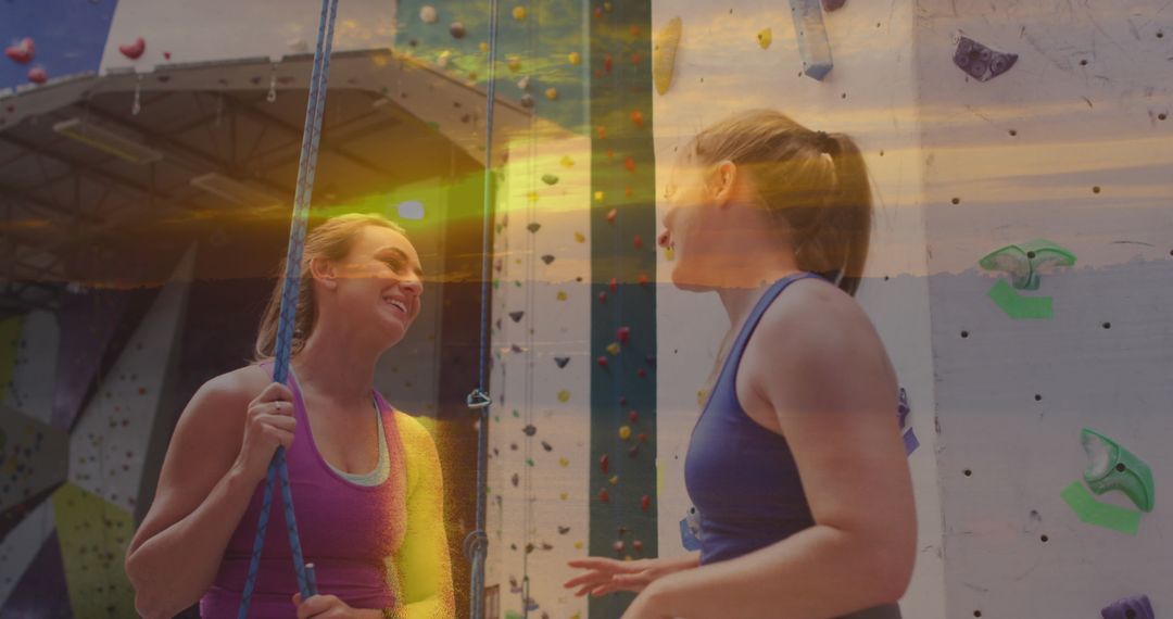 Women Bonding at Climbing Wall with Abstract Overlay