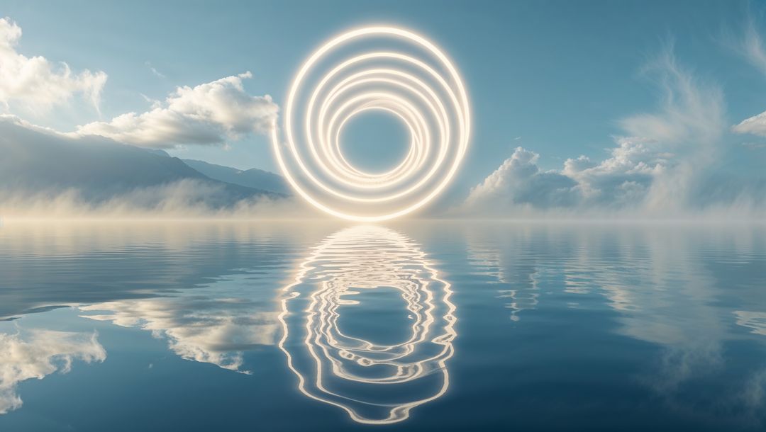Glowing concentric god rings reflecting on misty mountain lake
