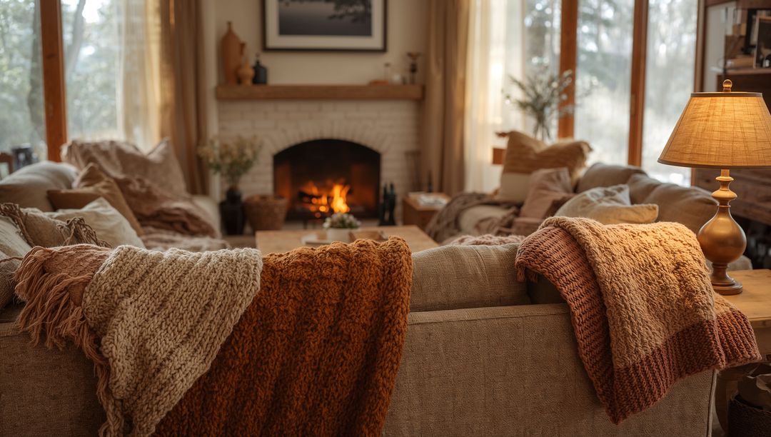 Cozy Living Room with Fireplace and Draped Blankets