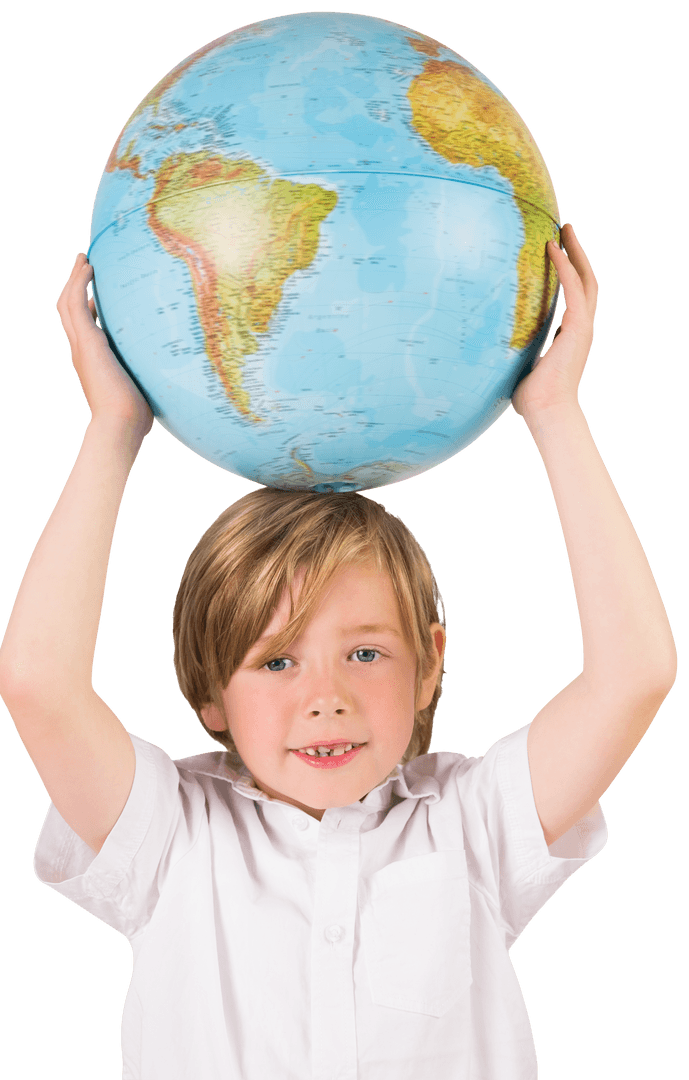 Boy Holding Globe Conveying Learning on Transparent Background