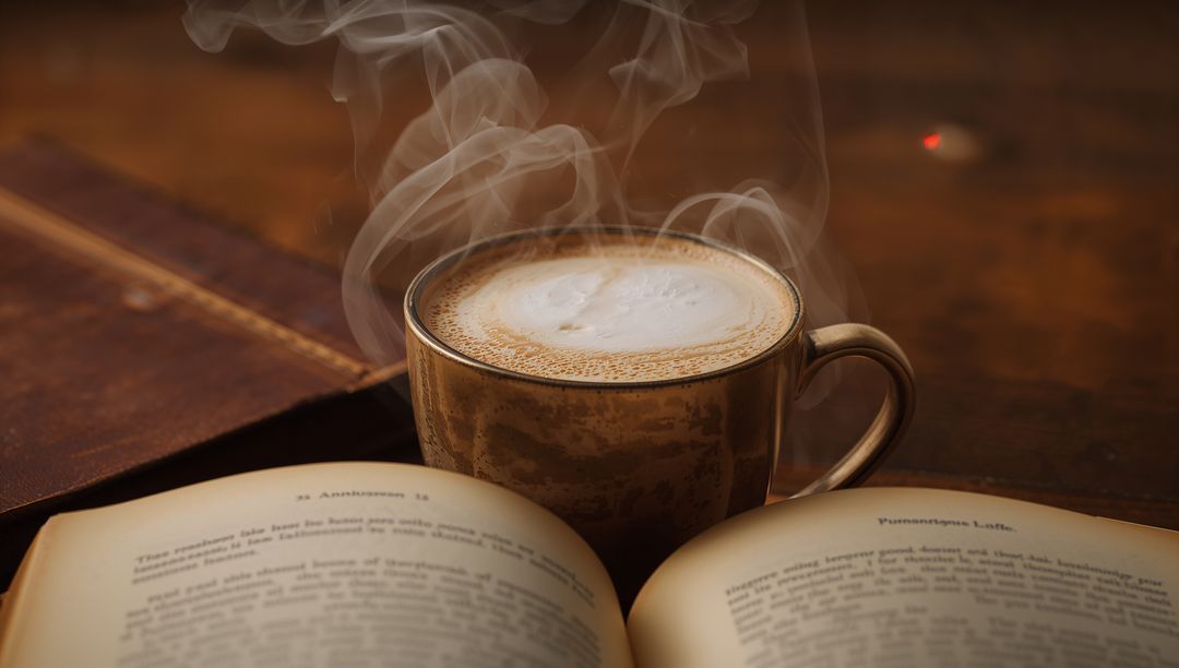 Steaming Latte Cup Resting on Rustic Wooden Table Beside Open Book and Leather Journal
