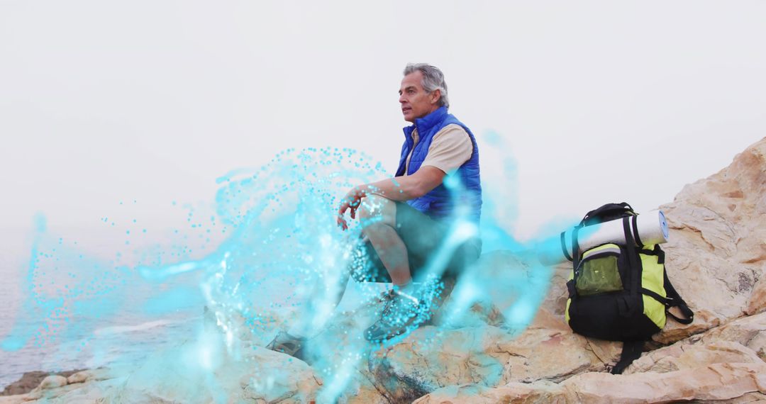 Hiker Overlooking Sea on Rocky Cliff with Ethereal Energy Swirl