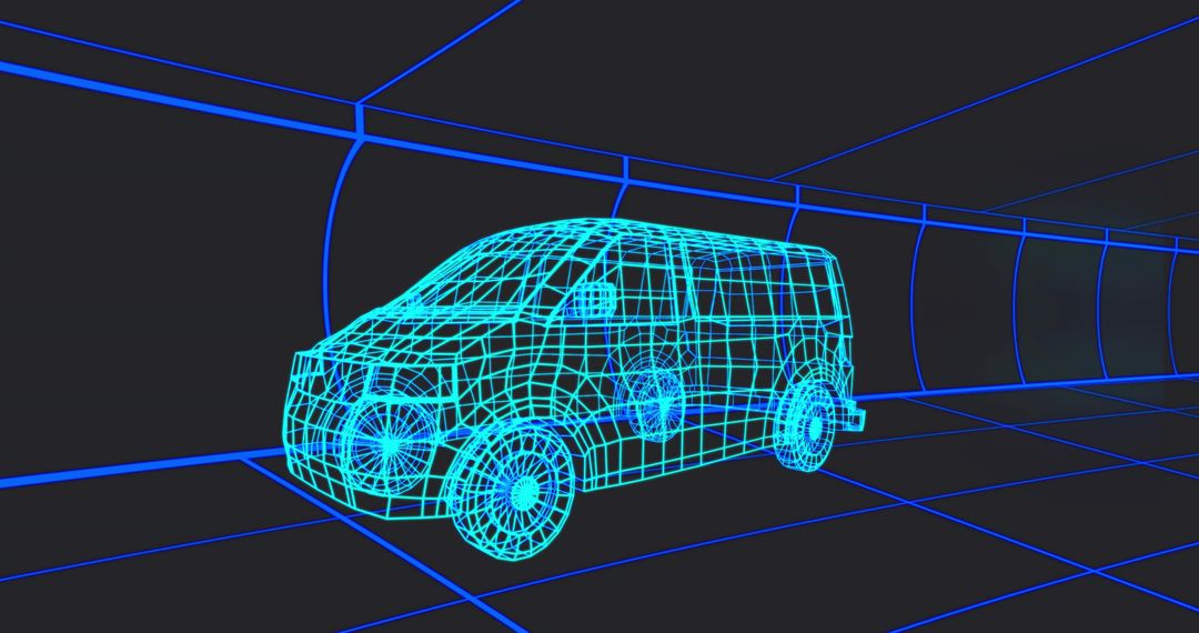Neon Wireframe Van Rotating Inside Futuristic Tunnel Grid Cyan Mesh 3D Render