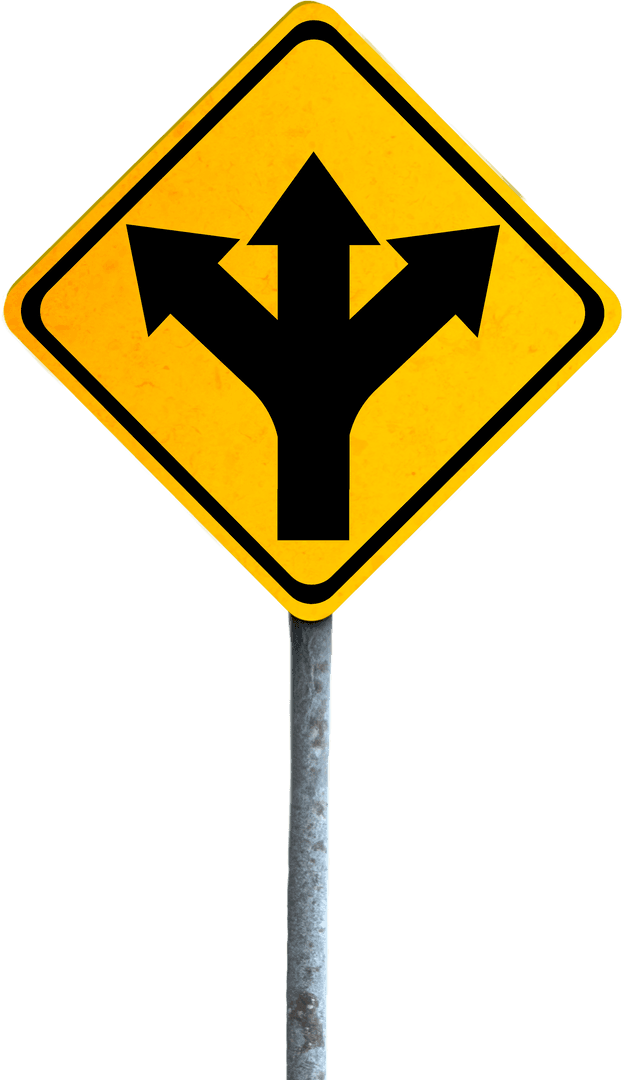Yellow Directional Road Sign on Transparent Background