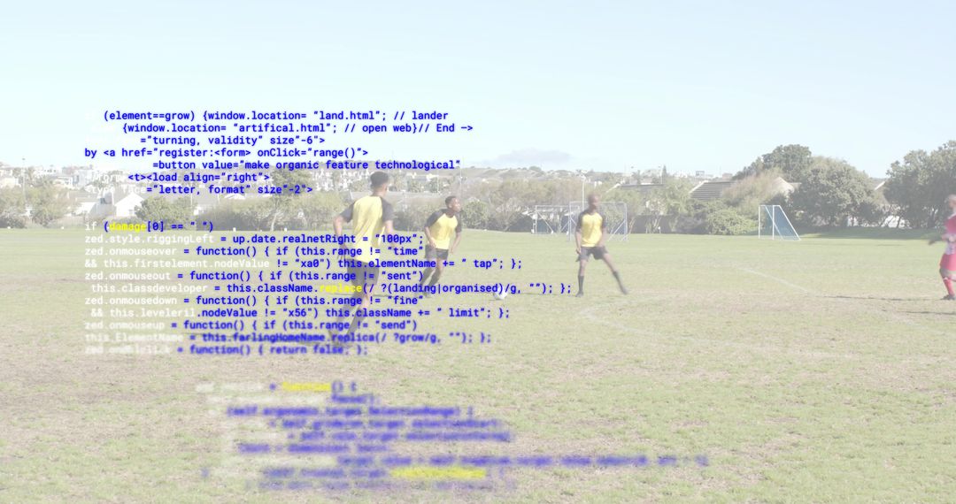 Soccer Players Practicing on Grass Field with Code Overlay, Technology Teamwork Concept
