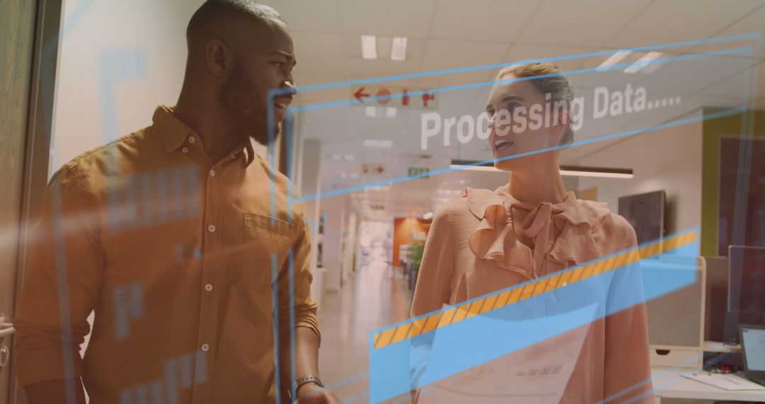 Colleagues Collaborating with Digital Data Overlay in Modern Office