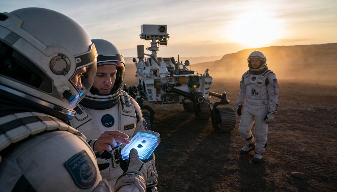 Astronauts analyzing tablet beside exploration rover at sunset on rugged Mars-like plain
