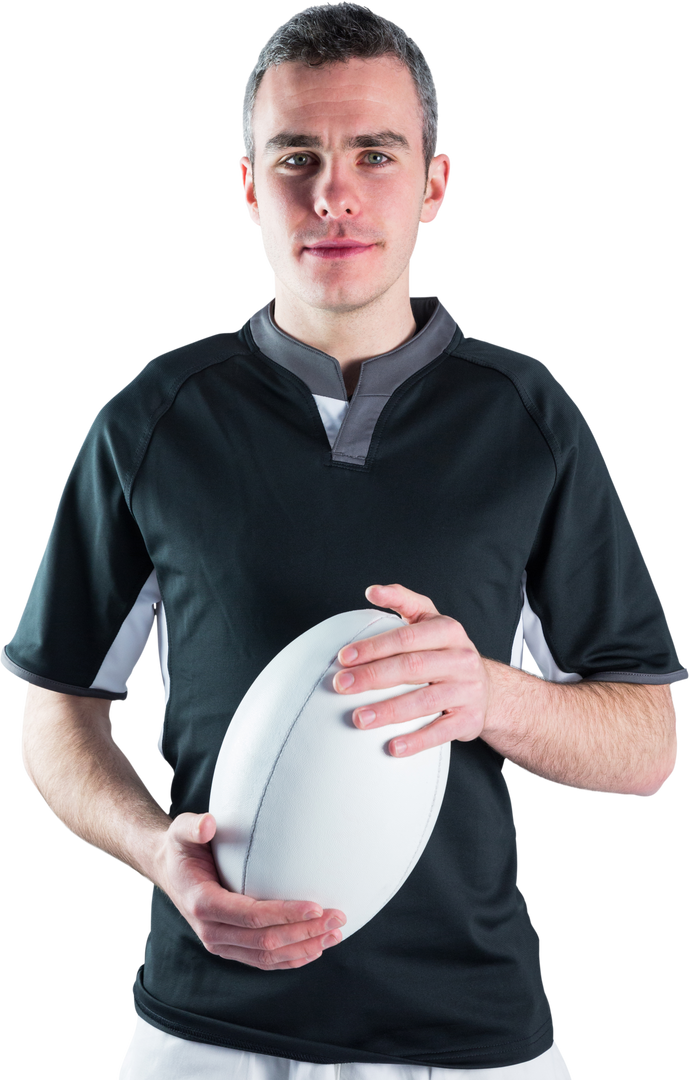 Portrait of happy rugby player holding ball on a transparent background - Download Free Stock Images Pikwizard.com