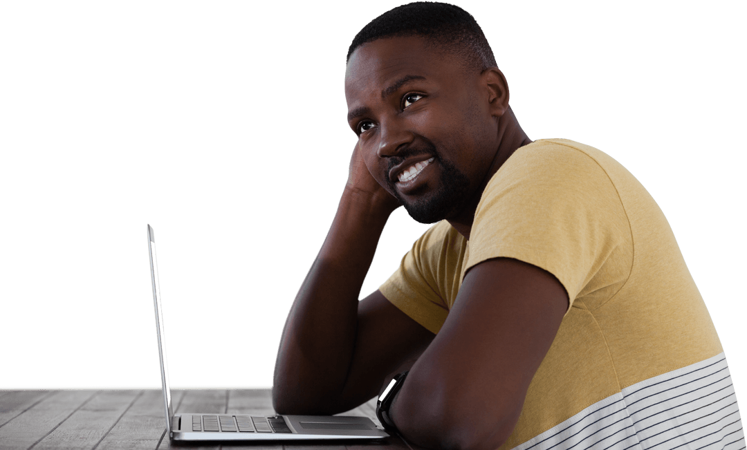 Transparent Background: Smiling Man Using Laptop at Table