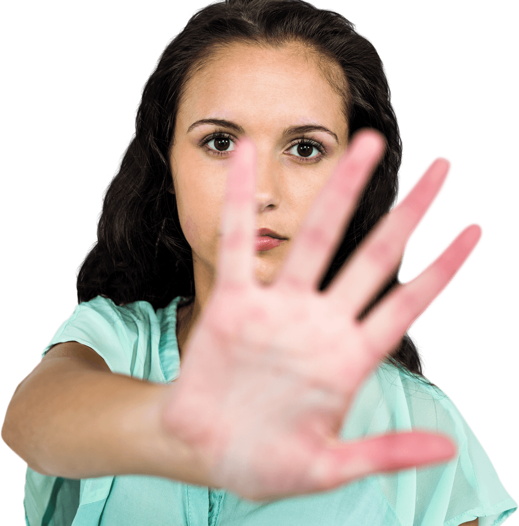 Serious Young Woman Showing Open Palm Transparent Background