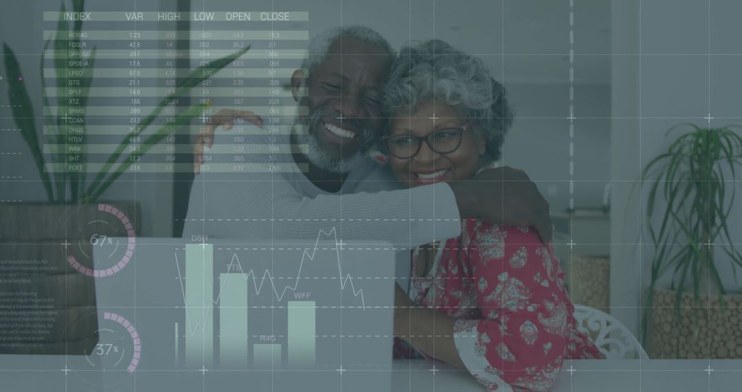 Senior Couple Using Laptop with Digital Data Overlay