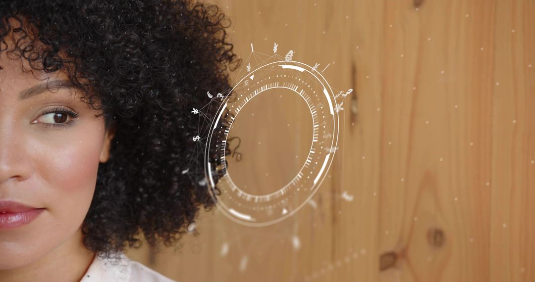 Futuristic Digital Interface Hologram in Wood Paneled Room