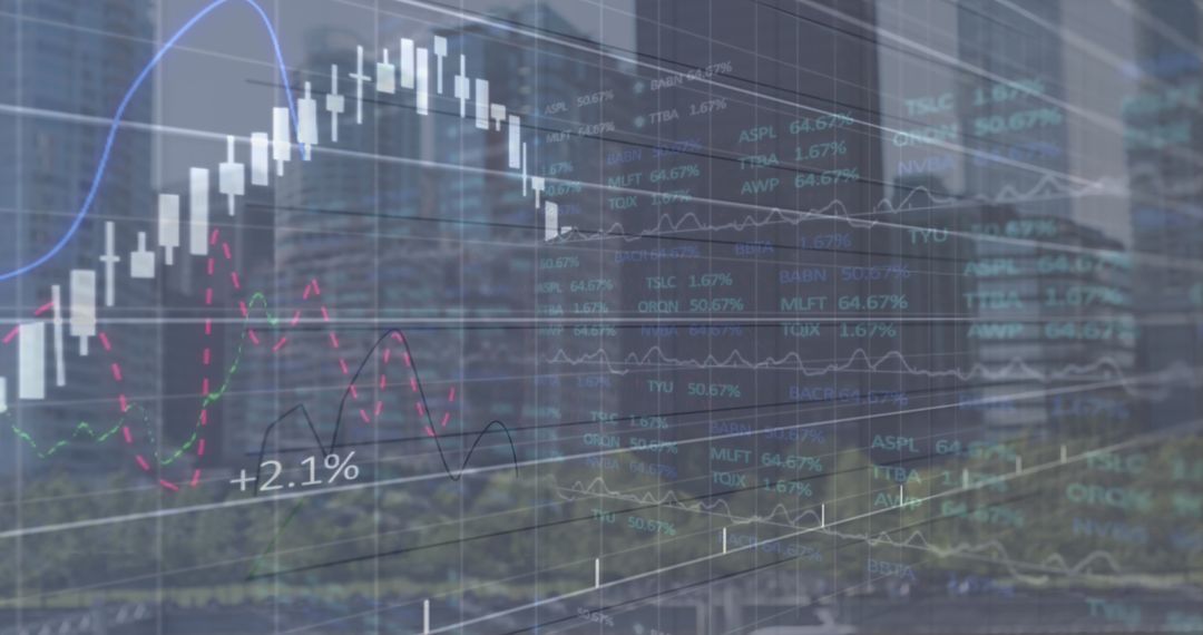 Stock Market Graphs Overlay on City Skyline Backdrop
