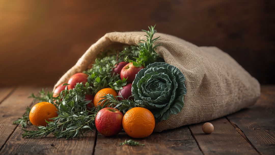 Rustic burlap sack spilling fresh apples, oranges, cabbage and herbs on wooden table