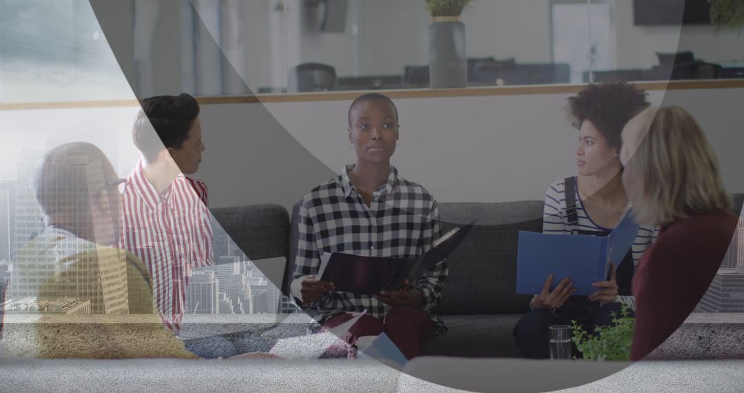 Diverse Team Collaborating in Modern Office Setting with City Skyline Overlay