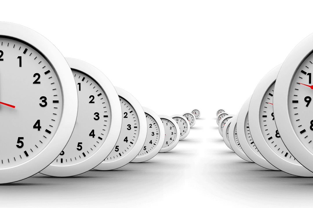 Infinite Path of White Clocks on Transparent Background