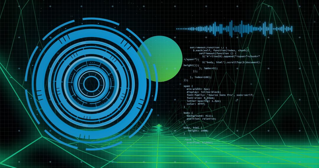 Futuristic Digital Interface with HUD and Waveform on Neon Grid