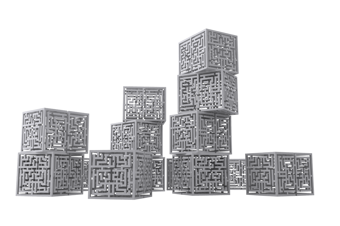 Strategic White Cubes with Labyrinths on Transparent Background