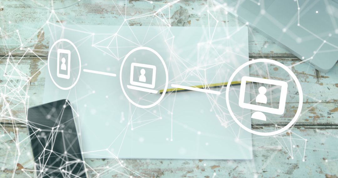 Digital Icons Network Over Wooden Desk with Smartphone and Laptop