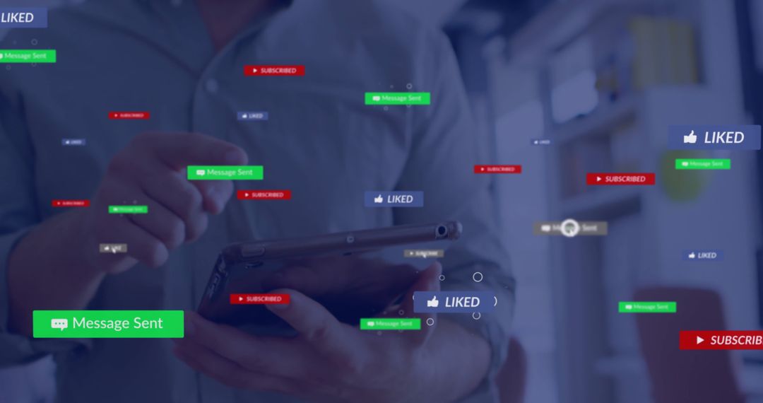 Businessman Interacting with Tablet and Data Icons Overlay