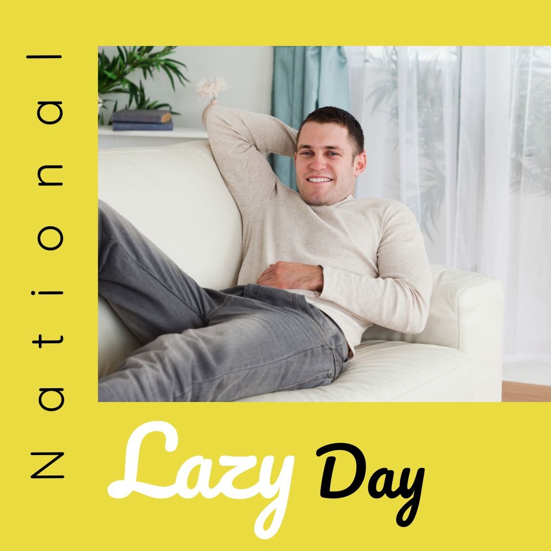 Composite of national lazy day text and portrait of smiling caucasian young man sitting on sofa - Download Free Stock Templates Pikwizard.com