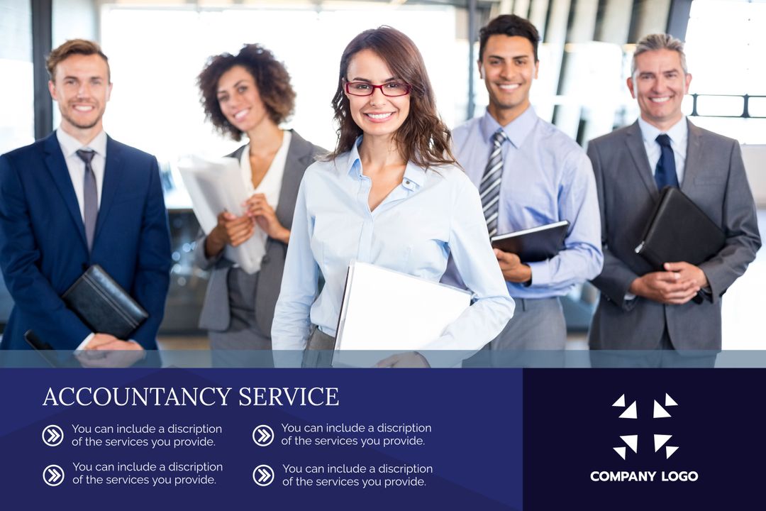 Smiling Business Team with Notebooks Highlighting Accountancy Services