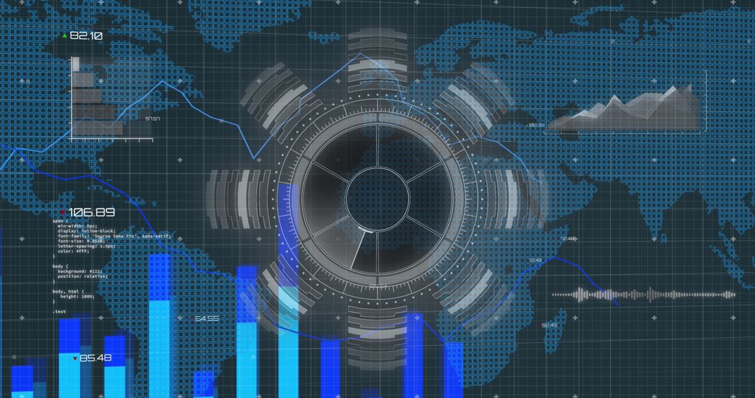 Futuristic global data analytics interface with digital graphs and charts