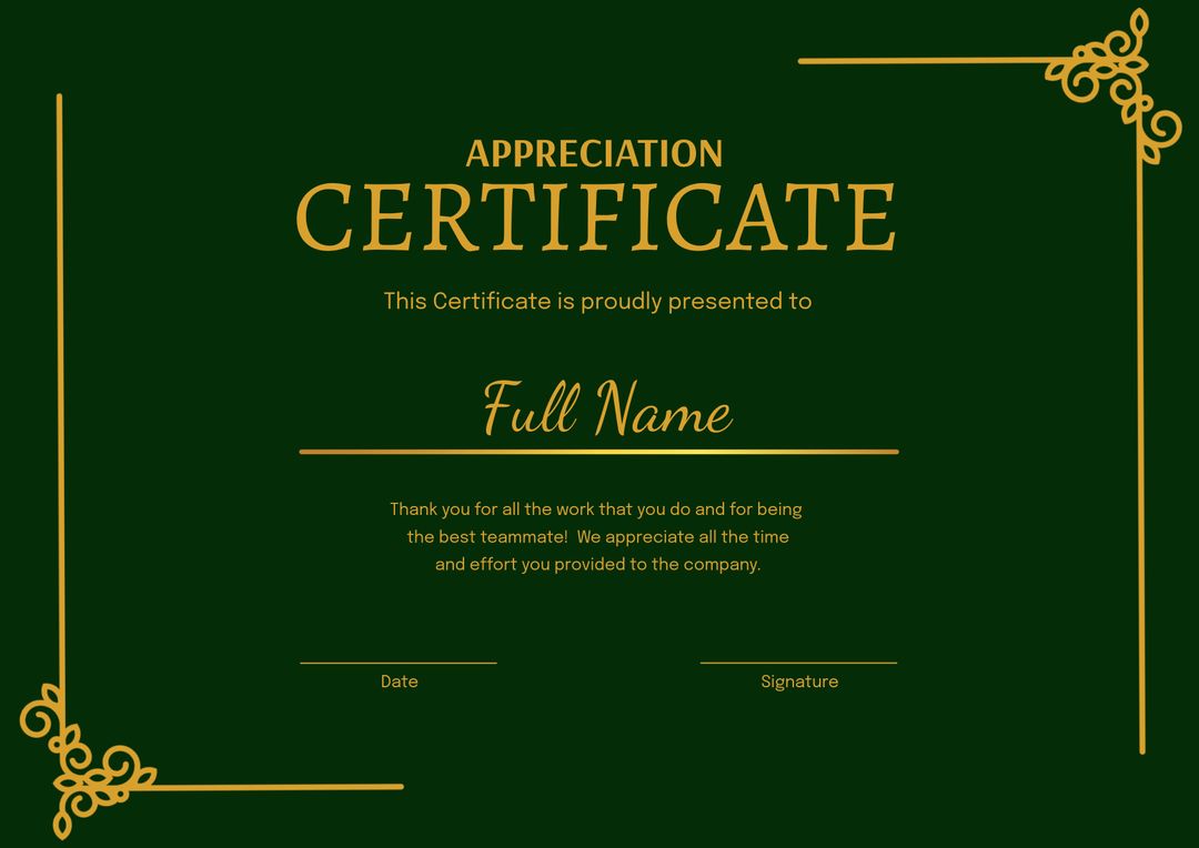 Green and Gold Appreciation Certificate Template - Download Free Stock Templates Pikwizard.com