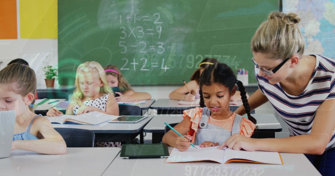 Teacher Guiding Diverse Students Amidst Digital Interface in Classroom