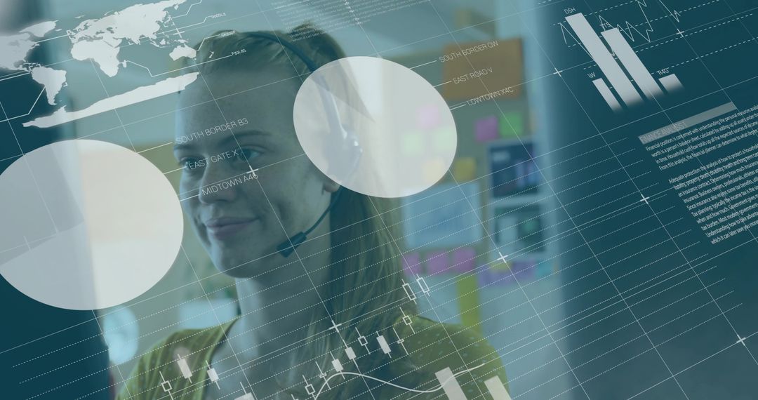 Businesswoman Analyzing Data on Digital Display with Headset