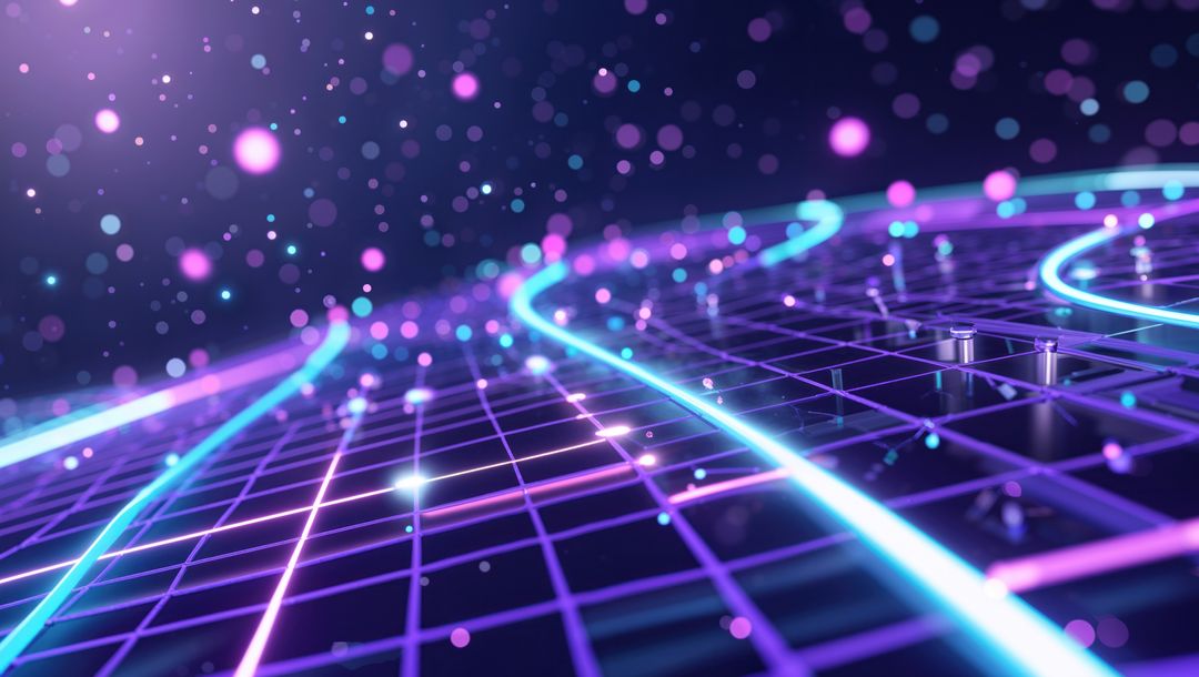 Abstract Futuristic Neon Grid with Glowing Curved Lines and Particles