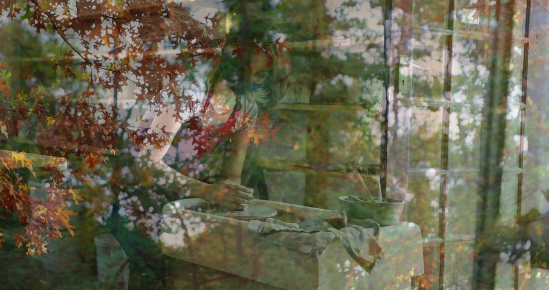 Potter Crafting Ceramic Bowl with Autumn Leaf Overlay Art