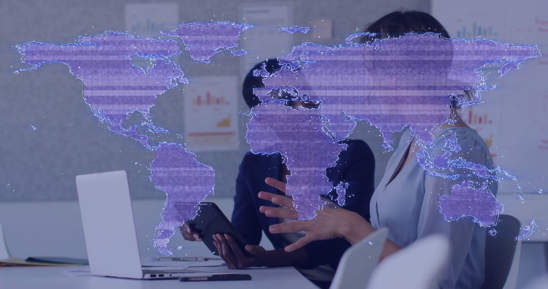 Business Strategy Meeting with Digital World Map Overlay